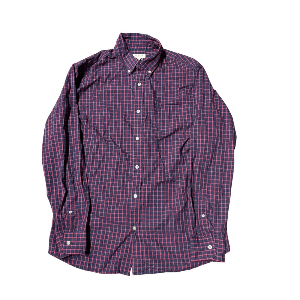 Sonoma Life Style Mens Large Button Down Shirt Navy Red Grid Check Long Sleeve